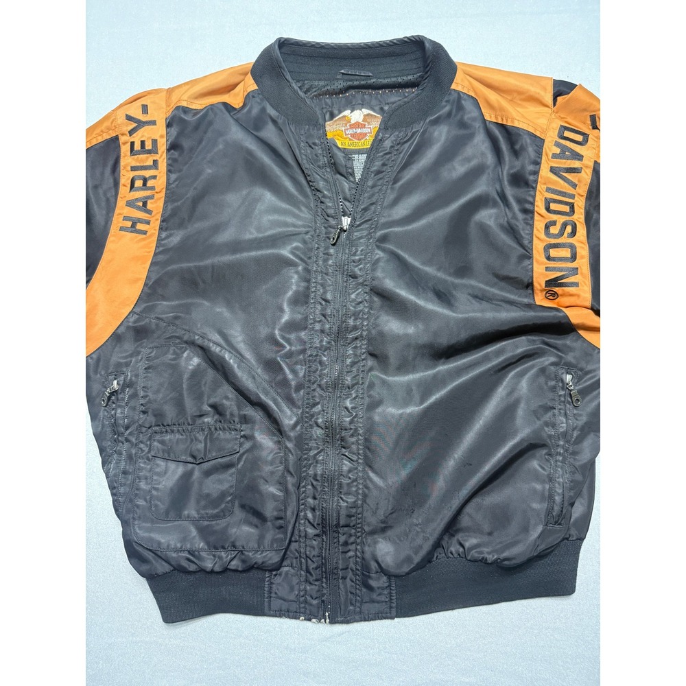 Harley-Davidson Mens XL Black Orange Nylon Bomber Jacket 97068-00V Logo Jacket